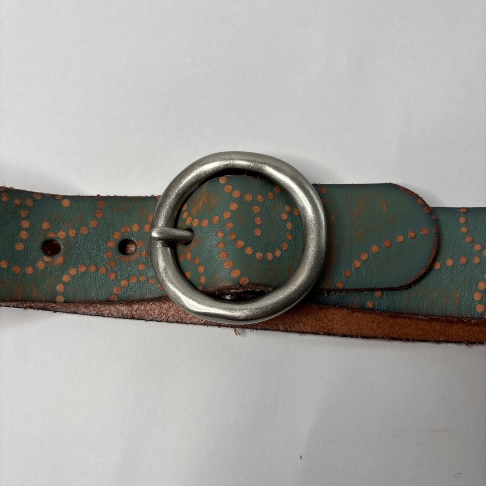 Fossil Teal Distressed Leather Dotted Pattern Belt Silver Buckle Womens M Boho
